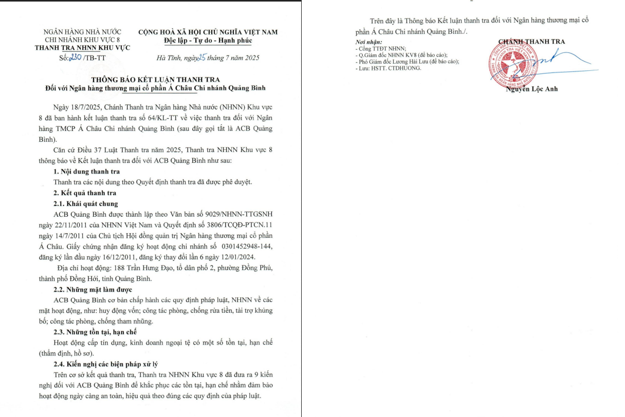 kết luận thanh tra acb