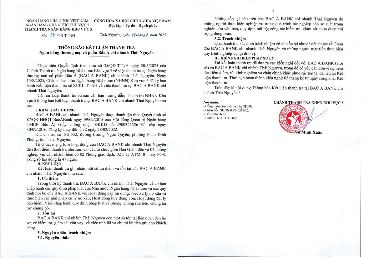 kết luận thanh tra bac a bank